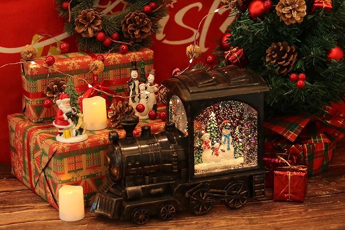 Christmas Musical Snow Globe Lantern Battery Operated with 6 Hour Timer, Snowman Lighted Snow Globe Train Spinning Water Swirling Glitter Christmas Decoration Gifts(10.6 x 4.3 x 8.3 Inches)