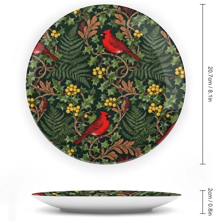Custom Gifts Fashion Plates, William Morris Style Forest Christmas Holly Cardinals Hand-Painted Ceramic Decorative Plates Home with Display Stand, Funny Decor for Display Table Wall, 6", 7", 8", 10"