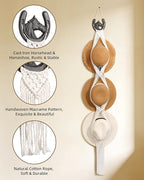 Macrame Wall Hat Rack Boho Hat Organizer Wall Mount with Cast Iron Horsehead Hanger Western Hat Holder for Women Wide Brimmed Fedora Straw Cowboy Hats Storage Back of Door Decorative Display