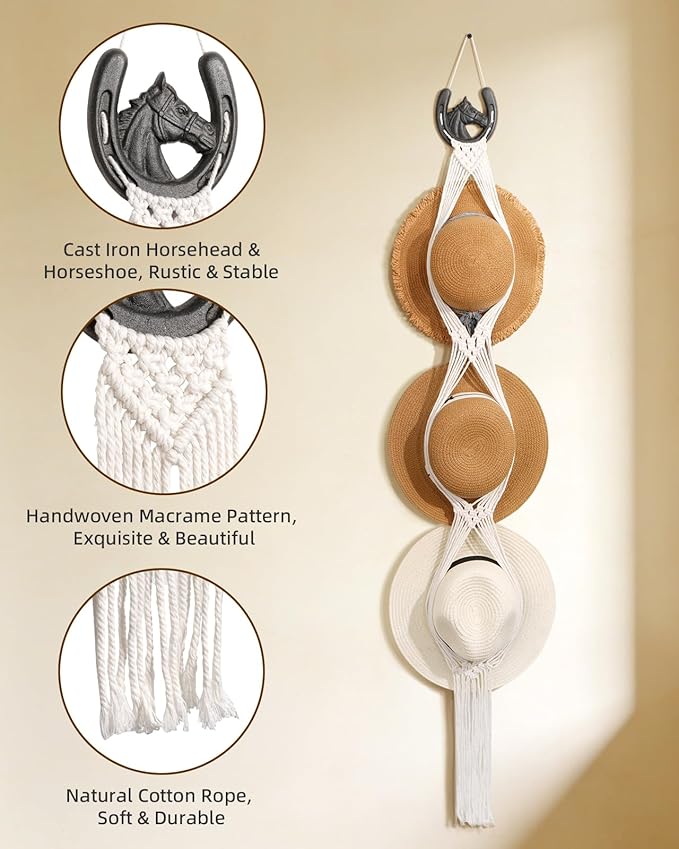 Macrame Wall Hat Rack Boho Hat Organizer Wall Mount with Cast Iron Horsehead Hanger Western Hat Holder for Women Wide Brimmed Fedora Straw Cowboy Hats Storage Back of Door Decorative Display