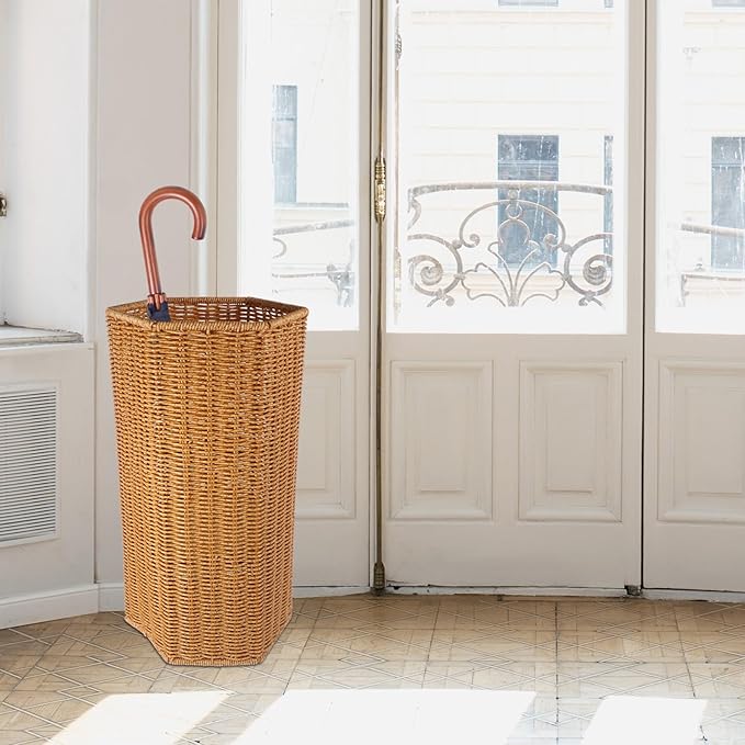 BESTOYARD Woven Umbrella Stand for Entryway Handmade Umbrella Holder with Tray Freestanding Cane Stand Rattan Flower Vase Dried Flower Pot Umbrella Rack, 39.5X21CM, Khaki