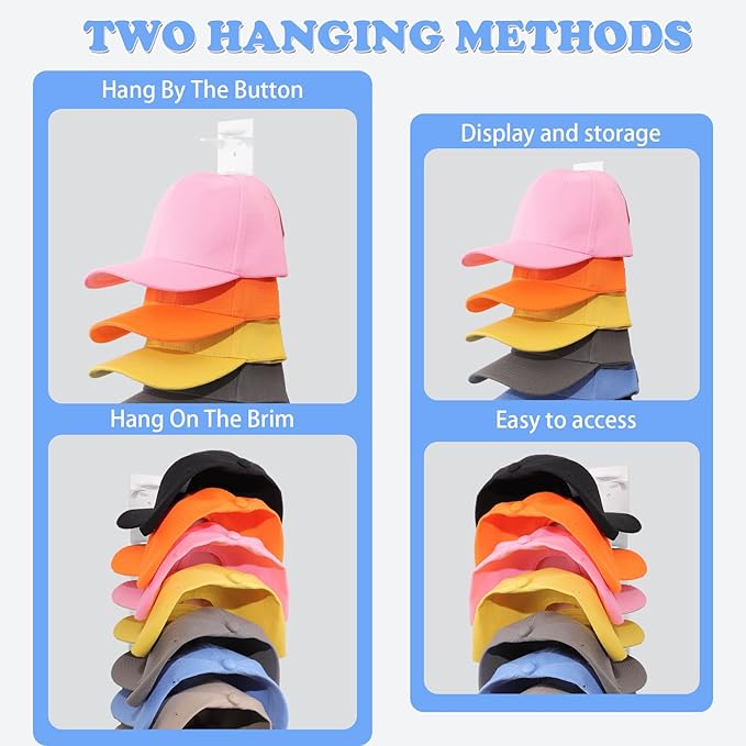 Hat Organizer for Baseball Caps, 2 Pack Hat Rack for Wall Hold up to 18 Hats Strong Adhesive Hat Hooks Stand Multilayer Hat Hanger Organizer Storage Holder Display for Door Closet Bedroom（White)