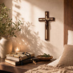 Woodvio Handmade Wooden Wall Cross with Metal Jesus Corpus, Traditional Catholic Crucifix for Wall, Christian Religious Gift with 2 Wooden Rosaries