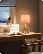 Pink Table Lamp, Small Tripod Table Lamp, Boho Bedside Lamp with Pink Linen Shade & Wood Base, Modern Nightstand Lamps, Little Cute Desk Lamp for Girls Room, Kids Room, Bedroom, P51TL05