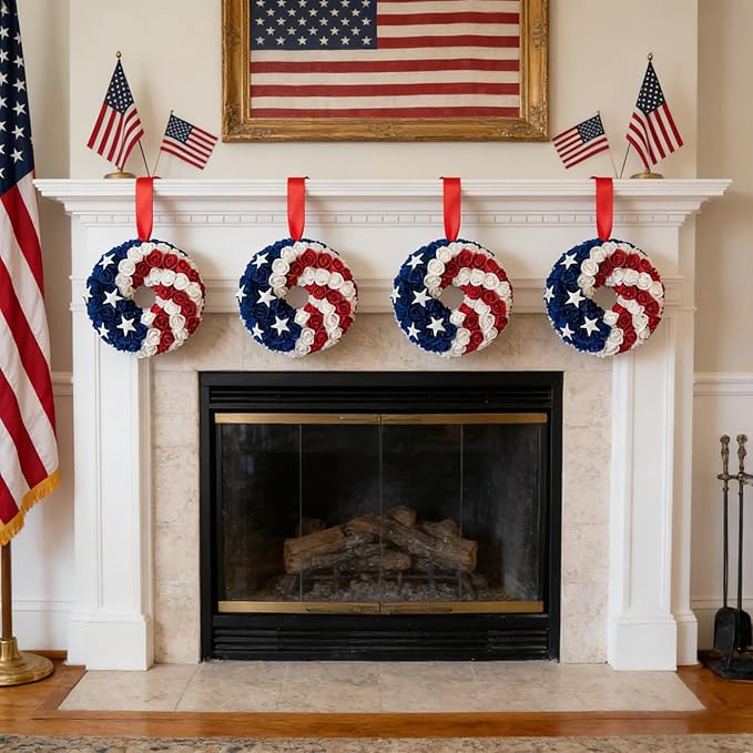 Idyllic 4 Pcs Patriotic Wreaths, 7 Inch 4th of July Decorations with Red White Blue PE Roses & 5 Stars - Includes Hanging Ribbons, Independence Day Wreaths for Front Door, Windows, Multi-Pack