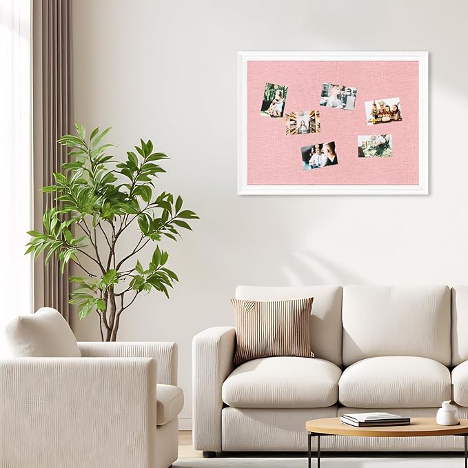 DOLLAR BOSS Bulletin Board with Linen 24'' x 18'' White Framed Cork Boards for Walls, Photo Display Pin Board, Decorative Corkboard for Office Home School Girls Dorm Decor with 10 Pushpins, Pink