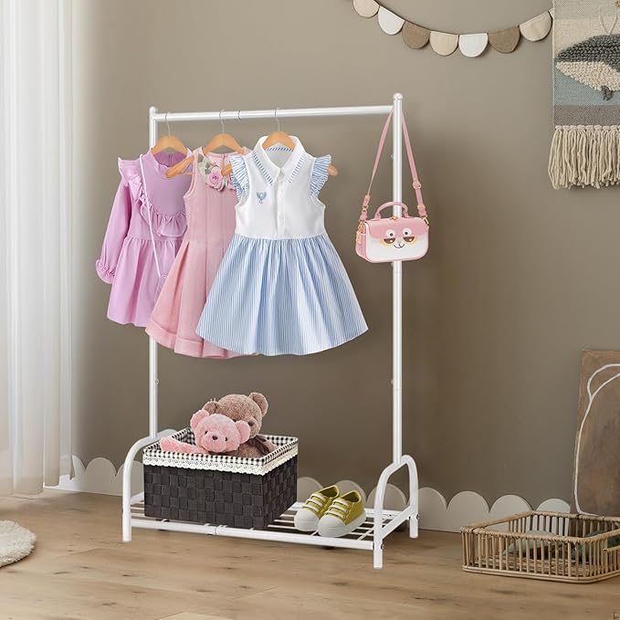 Kids Clothing Rack, Small Clothes Shelf with Metal Storage Shelf, Kids Dress Up Storage Rack, (White)