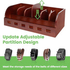 Large Adjustable Bamboo Belt Organizer Box, 6 Grids Belt Rack, Belt Organizer for Closet Shelf and Drawer, Tie and Belt Storage Organizer Wall Mount and Displayer for Men Women Father Day (Brown)