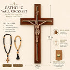 Woodvio Handmade Wooden Wall Cross with Metal Jesus Corpus, Traditional Catholic Crucifix for Wall, Christian Religious Gift with 2 Wooden Rosaries