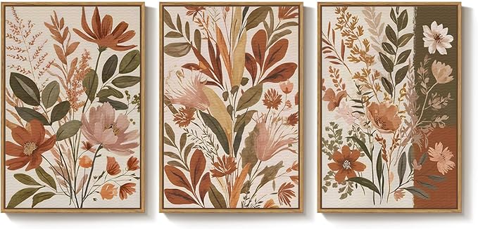Framed Vintage Botanical Wall Art for Living Room Decor, 3 Piece Boho Warm Neutral Terracotta Floral Nature Canvas Prints, Retro Farmhouse Plant Wall Art for Bedroom Dining Room Entryway, 16x24