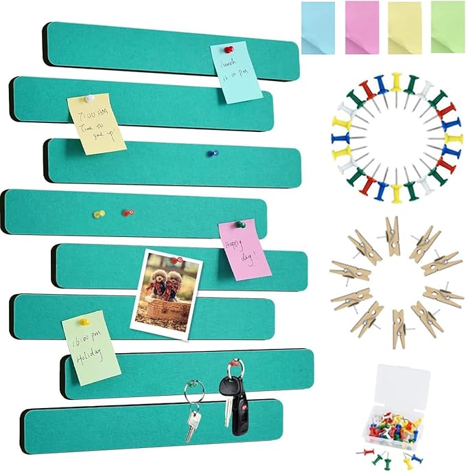 Vuzvuv 8 pcs Bulletin Board Bar Strips with 50 Pushpins & 10 Wooden Clip pins，Self Adhesive Cork Board for Wall，Felt Pin Board for School，Office Decor(Turquoise)