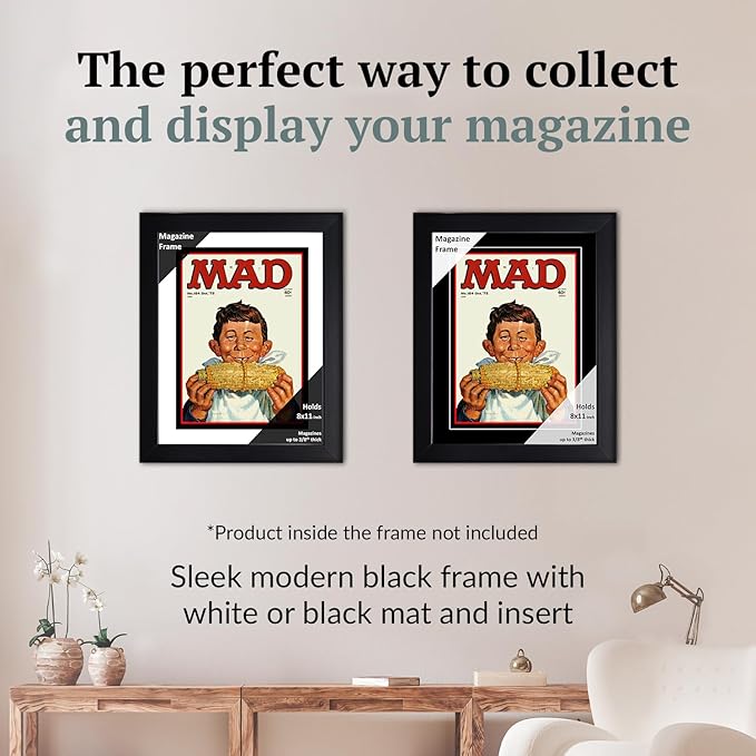 Creative Picture Frames 8 x 11 Magazine Frame with Full-Strength Glass, Holds Up To A 1/4" Thick Media with Installed Hangers for Easy Mounting, 10x12 Black Frame with White Mat