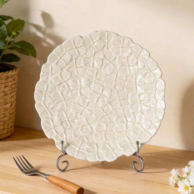 KAMMAK Ceramic Decorative Plate Set of 2, Porcelain Plates for Kitchen Dining Room Wine Cabinet Home Decor, Vintage Collector Plates with 2 Display Stand, Cream-yellow flowers (8-inch + 10-inch)