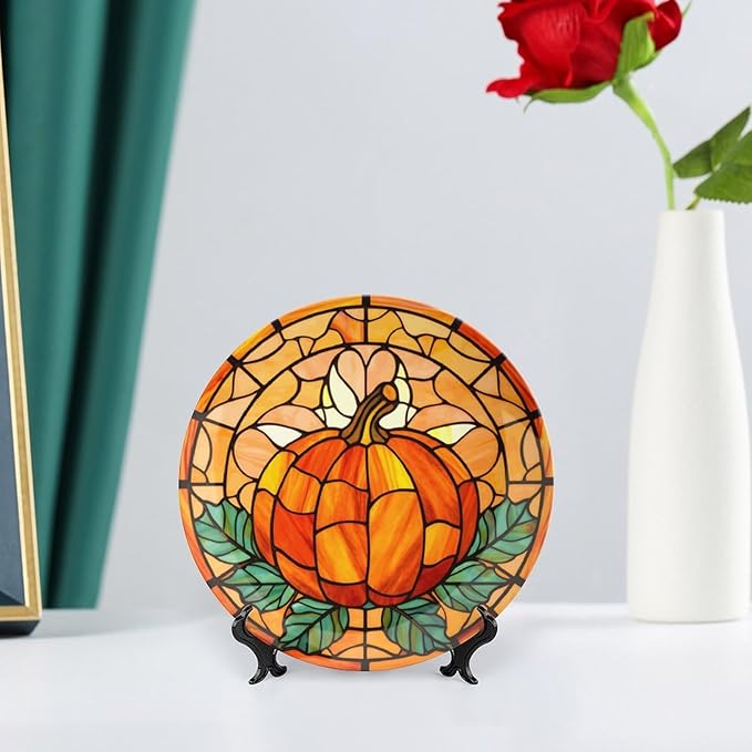 Decorative Plates, Stained Glass Pumpkin & Leaves Ceramic Dinner Plate Home Wobble-Plate with Display Stand, Autumn Wall Hanging Decor for Living Dining Room Kitchen Household 6 Inch