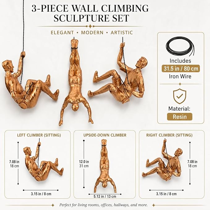 Large Set of 3 Climbing Men Wall Art Decor Sculpture,Nordic Modern Simplicity Decorative Wall Art, Climbing Man Sculptures,Home & Office Climber Gifts