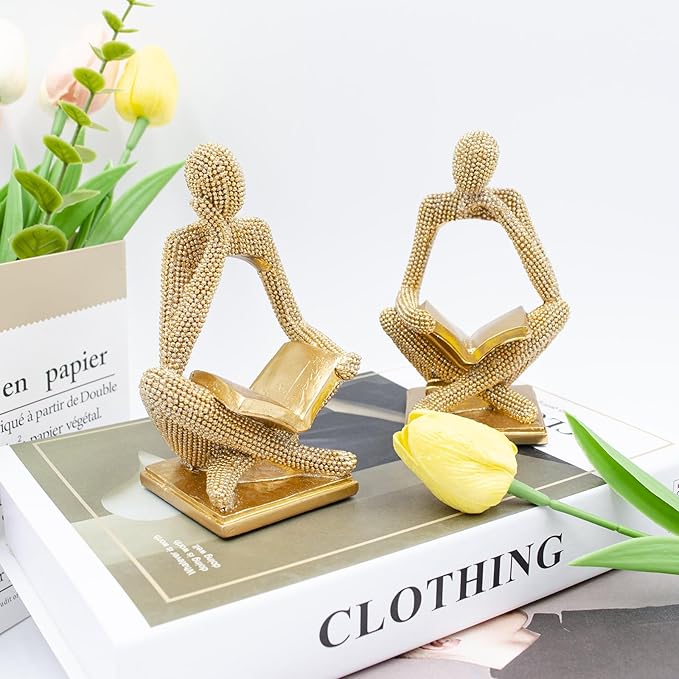 Sparkling Gold Reading Women Statue Set, Thinker Sculptures, Abstract Art Ornament, Modern Aesthetic Figurine Decoration for Home Living Room Bedroom Office Shelf Table Desk Bookshelf Decor
