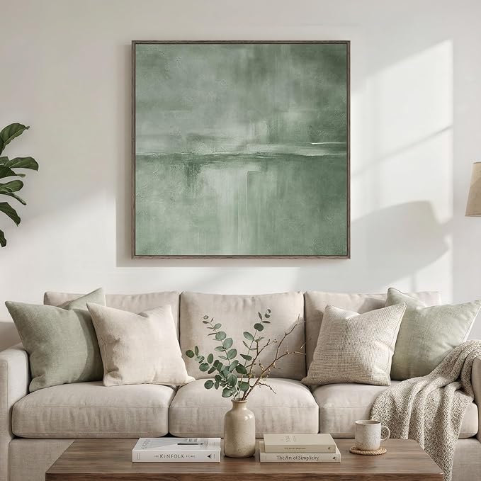 Large Framed Green Abstract Wall Art, Modern Minimalist Sage Green Canvas Prints Artwork for Walls, Contemporary Square Pictures for Living Room Bedroom Dining Room Hallway Office Wall Decor, 36x36 In