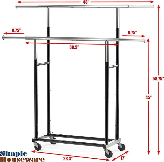 Simple Houseware Standard Double Rod Garment Rack, Black