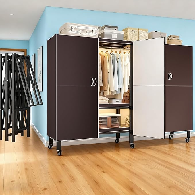 Heavy Duty Portable Closet with Cover Magnetic Doors, Metal Rolling Clothes Rack Heavy Duty 1500LBS, Foldable Clothing Rack, Garment Racks for Bedroom/LivingRoom/Rental (KT Coffee, 66.14in)