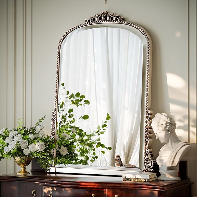 32x24 Beaded Arched Mirror, Bathroom Mirror for Over Sink, Metal Frame Wall Decor for Entryway, Bedroom, Living Room, Silver