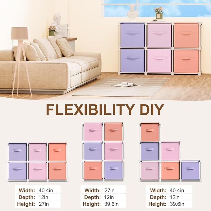 6 Cube Storage Organizer with Shelf Back to School Boxes 11 Inch Toy Storage Bins Closet Organizers Drawers Fabric Dresser for Playroom Books Bedroom Dorm Kitchen (Pink,Purple,Orange)
