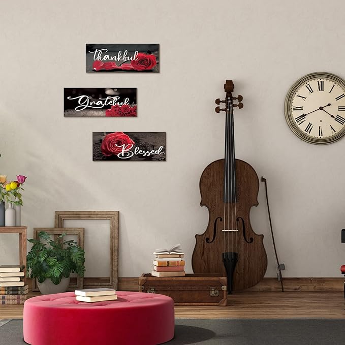 Hillban 3 Pieces Rose Wooden Wall Decor Rose Bathroom Decor Thankful Grateful Blessed Accessories Inspirational Wall Art Signs for Living Room Kitchen Wedding(10 x 4 Inch,Red)