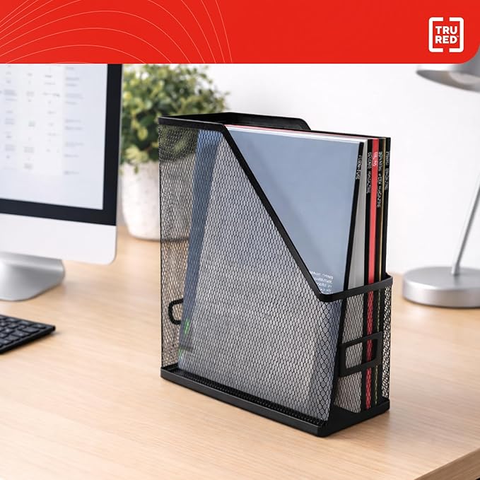 Staples TRU RED Metal Magazine File Organizer, Black - Top - Loading Desktop File Holder with Handle, Holds Up to 1000 Sheets