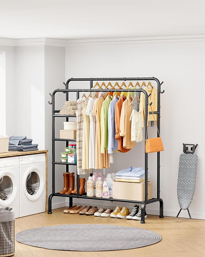 Clothes Rack - Double-Rod Clothing Rack with Built-In Hooks & Shelves, Multi-Functional Wardrobe Closet for Bedroom, Living Room, Entryway, 41.3" x 15.3" x 59.8", Black