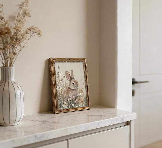 Vintage Gold Framed Bunny Wall Art, Spring Rabbit and Wildflowers Cottagecore Painting Canvas Print, Country Animal Picture Wall Decor Rustic Farmhouse Floral Poster Artwork for Living Room Bedroom