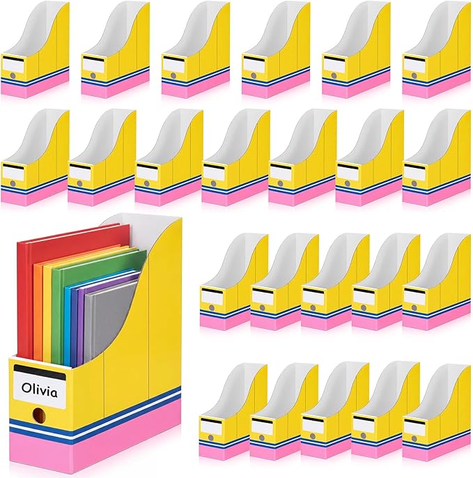 Resurhang 24 Pcs Cardboard Magazine Holders Pencil Book Bins for Classroom Magazine File Storage Box with Label Stickers for Desk Shelves School Classroom Home Office Supplies