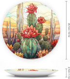 Decorative Plates for Home Decor, Cactus & Colorful Sky Stained Glass Design Decor Tray for Table Display, Ceramic Dinner Plate W/ Stand, Living Dining Room Decor, Gifts for Cactus Lover, 10 Inch