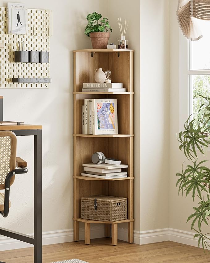 Corner Shelf, 5 Tier Corner Bookshelf, Display Corner Shelf Stand with Storage Rack, Wall Corner Bookshelf for Living Room, Bedroom, Office, Oak