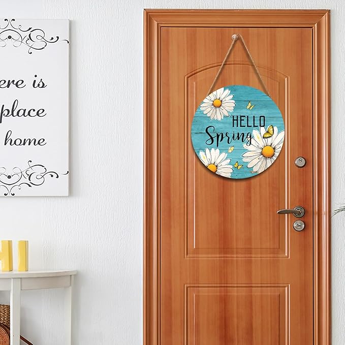 Spring Summer Daisy Flower Sign for Front Door Hello Spring Wall Hanging Sign 12"x12" Welcome Butterfly Wood Door Hanger Farmhouse Rustic Blue Floral Wreath Sign for Home Outdoor Outside Porch Decor