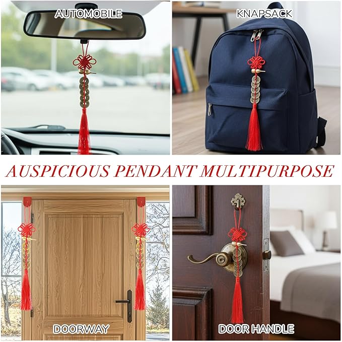2PCS Chinese Knot Tassel, Feng Shui Good Luck Charms, Metal Gourd with 5 Coins Good Luck Gifts, Bring Wealth, Health and Peaceful for Cars, Furniture, Bags, Homes, and Offices
