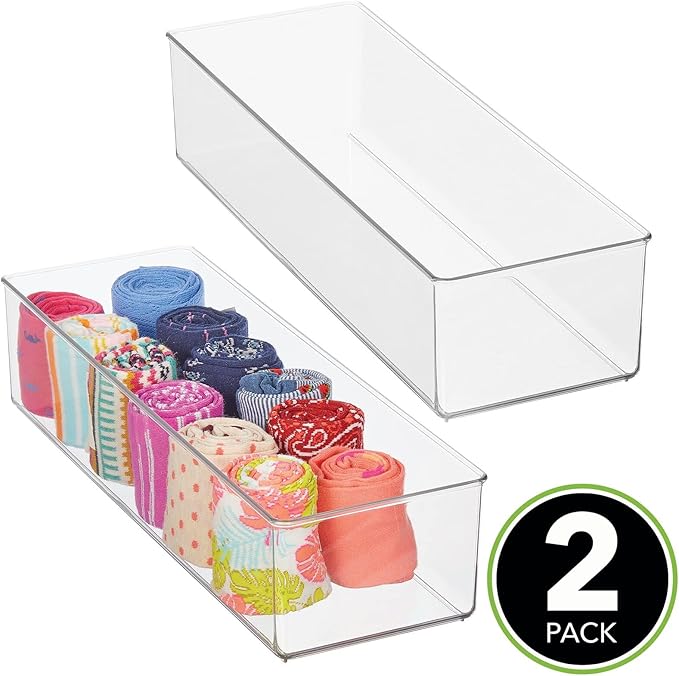 mDesign Plastic Drawer Organizer Box, Long Storage Organizer Bin Container; For Closets, Bedrooms, Use for Leggings, Socks, Ties, Jewelry, Accessories - Lumiere Collection - 2 Pack - Clear