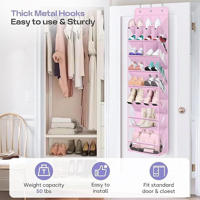 MISSLO Clear Over the Door Shoe Organizer Large Deep Pockets Hanging Shoe Rack for Closet Fit 20 Pairs Shoe Holder for Sneakers Boots Storage, Pink