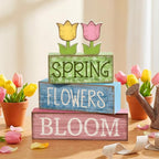 Moucuny 4 Pcs Spring Table Decor Wooden Tulip Spring Tiered Tray Decor Flowers Table Centerpiece Decorative Colorful Tulip Block Signs Gift Farmhouse Flowers Decoration for Home Kitchen Shelf