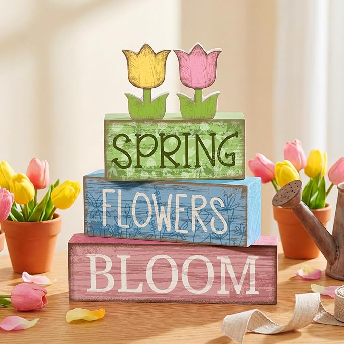 Moucuny 4 Pcs Spring Table Decor Wooden Tulip Spring Tiered Tray Decor Flowers Table Centerpiece Decorative Colorful Tulip Block Signs Gift Farmhouse Flowers Decoration for Home Kitchen Shelf