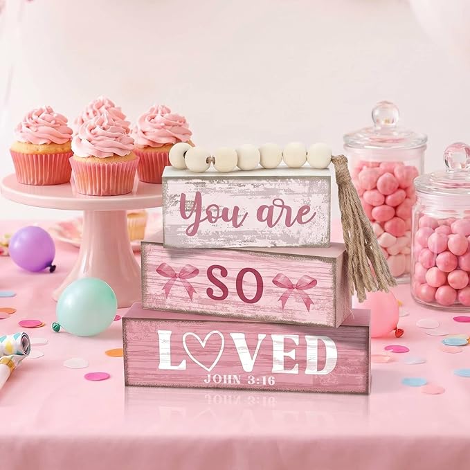 Yuntau 4 Pcs Pink Bow Decoration Christian Gifts for Women Wooden You Are So Love Farmhouse Tiered Tray Decor Inspirational Bible Verse Quotes Block Sign Table Centerpiece for Desk Shelf Room