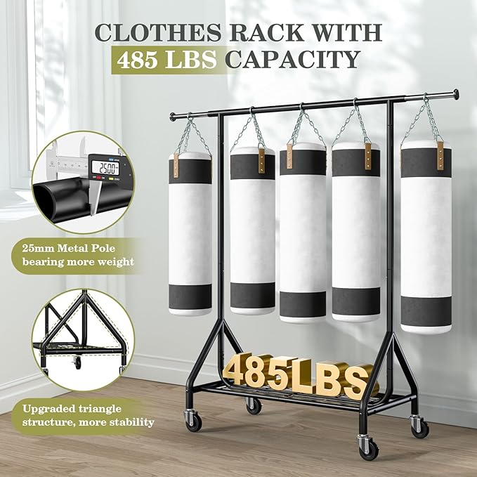 Clothes Rack Load 450 LBS, Heavy Duty Garment Rack, Standing Rolling Metal Hanging Clothes with Sturdy Wheels & Shelves, Black