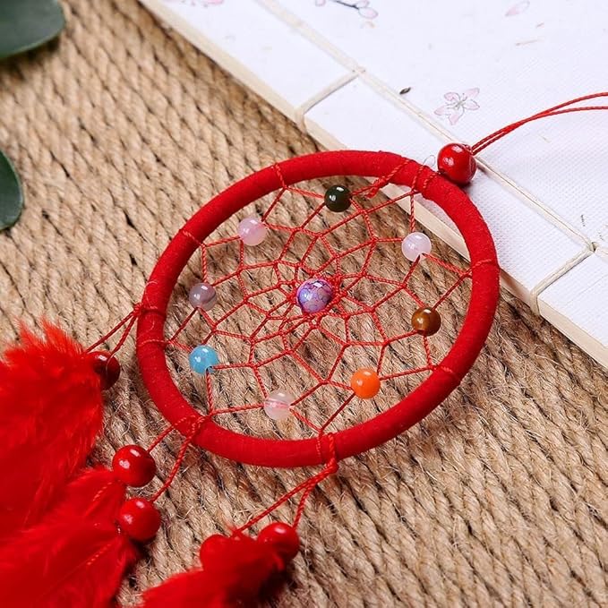 Red Small Dream Catcher with Feathers Wall Hanging Ornament Indian Style Decoration Wind Chimes for Car Home Wall Decor Home and Kitchen Home Decoration