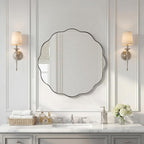 ANDY STAR Brushed Nickel Round Bathroom Mirror, 24 Inch Round Circle Mirror in Stainless Steel Metal Frame, Large Silver Frame with Unique Wavy Design