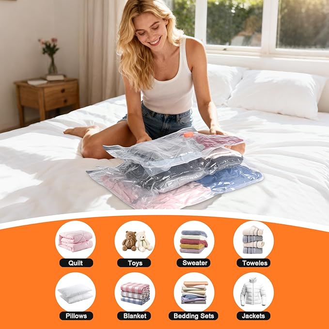 Vacuum Storage Bags for Travel with Pump - 12 Pack Vacuum Seal Bags for Clothing, Blankets, Bedding, Seasonal Storage, 80% Space Saver Compression Packing Bags for Suitcase and Luggage (12PACK)
