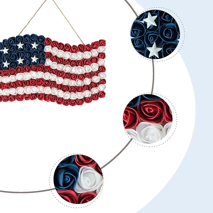 Idyllic 4th of July Wreath Patriotic Independence Day Wreath for Front Door, 17 * 11Inch Window Wall Patio Decoration Memorial Day Americana with Red White and Blue American Flag