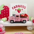 Strawberry Truck Decor, Pink Pickup Truck with Fake Strawberries, Rustic Farmhouse Tiered Tray Decor, Spring Country Kitchen Decorations for Home Office