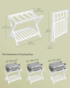 SONGMICS Solid Wood Luggage Rack, No Assembly Required, Foldable Suitcase Stand, Luggage Holder, with Storage Shelf, for Guest Room, Hotel, Bedroom, Cloud White URLR020W02