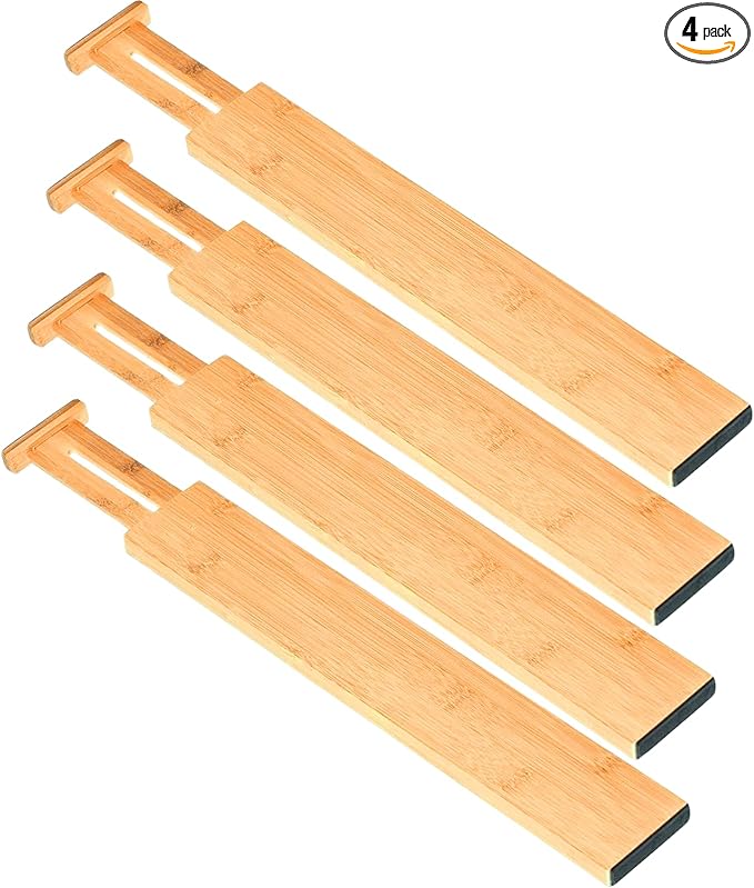 Bamboo Drawer Dividers Set of 4, Adjustable Drawer Organizers for Kitchen, Bedroom, Bathroom, Dresser & Office (17"-22")