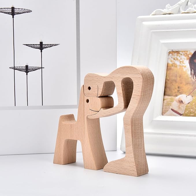 ISHINE Wood Decor Wooden Statue Man and Dog Figurine Handmade Carved Creative Home Office Gift for Men Women Accents Decoration Natural ECO Friendly 7x3 inches (B-Man Kisses Dog)