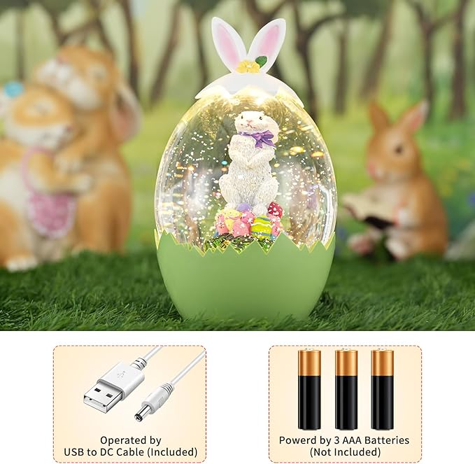 Easter Bunny Decor Snow Globe with 6-Hour Timer, Glittering Rabbit with Egg Lantern, USB/Battery Operated, Spring Home Decor for Office Party Decoration, Green