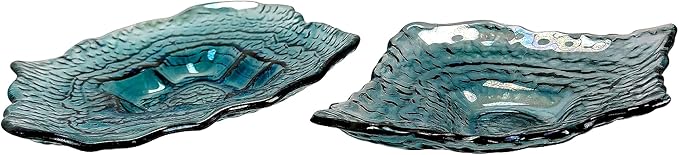Things2Die4 Decorative Plates Set of 2 Oyster Shaped Blue Glass Plates with Iridescent Finish for Coastal Tabletop Decor in Dining Room Entryway or Living Room, 13 X 10 X 2 Inches